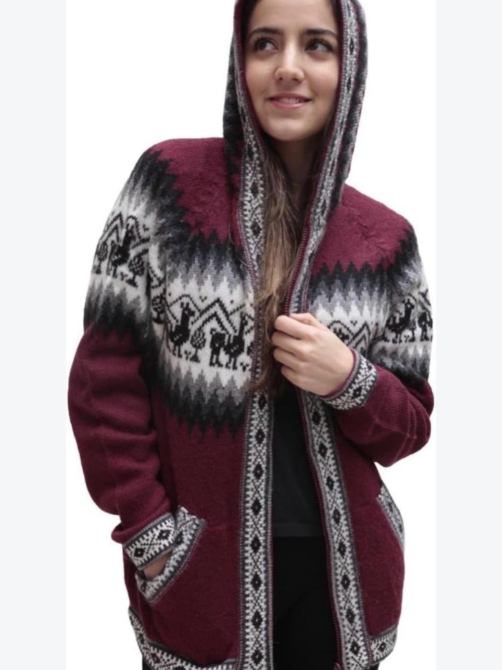 Alpaca Connection Peru Burgundy Hoodie Sweater Jacket Women’s Full Zip Sz XL